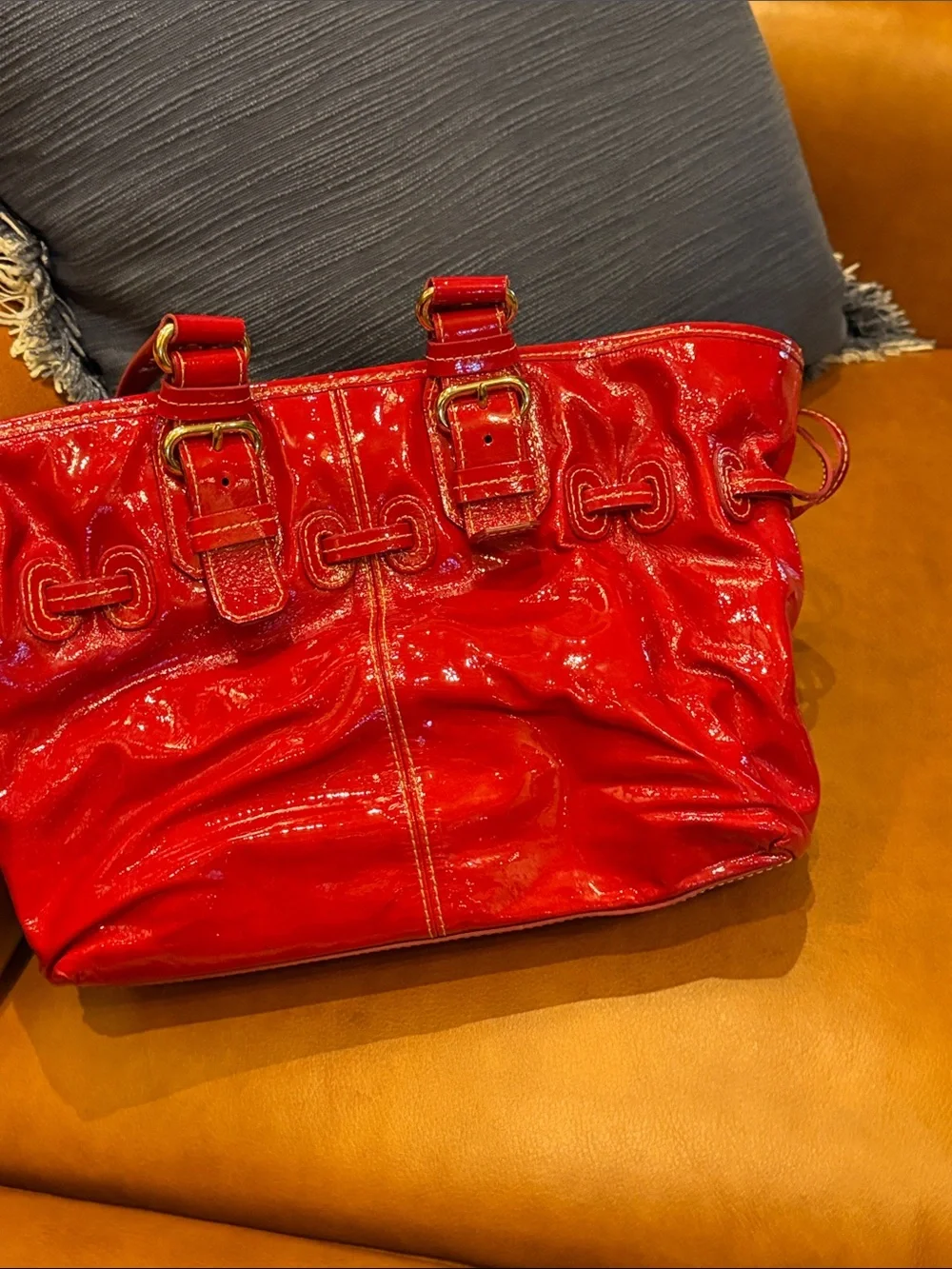 Dooney & Bourke Shiny Red Patent Leather Shoulder Bag with Buckle Straps